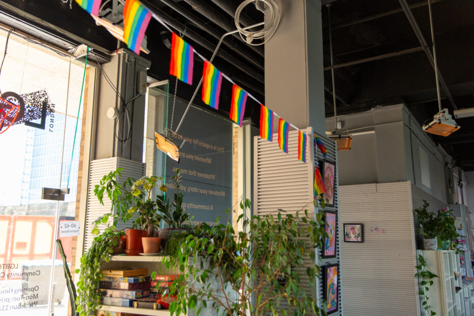 LGBTQ+ flag bunting hanging from the walls at the London LGBTQ+ Community Centre. Plants, sitting on top of a bookcase with board games on, are visible.