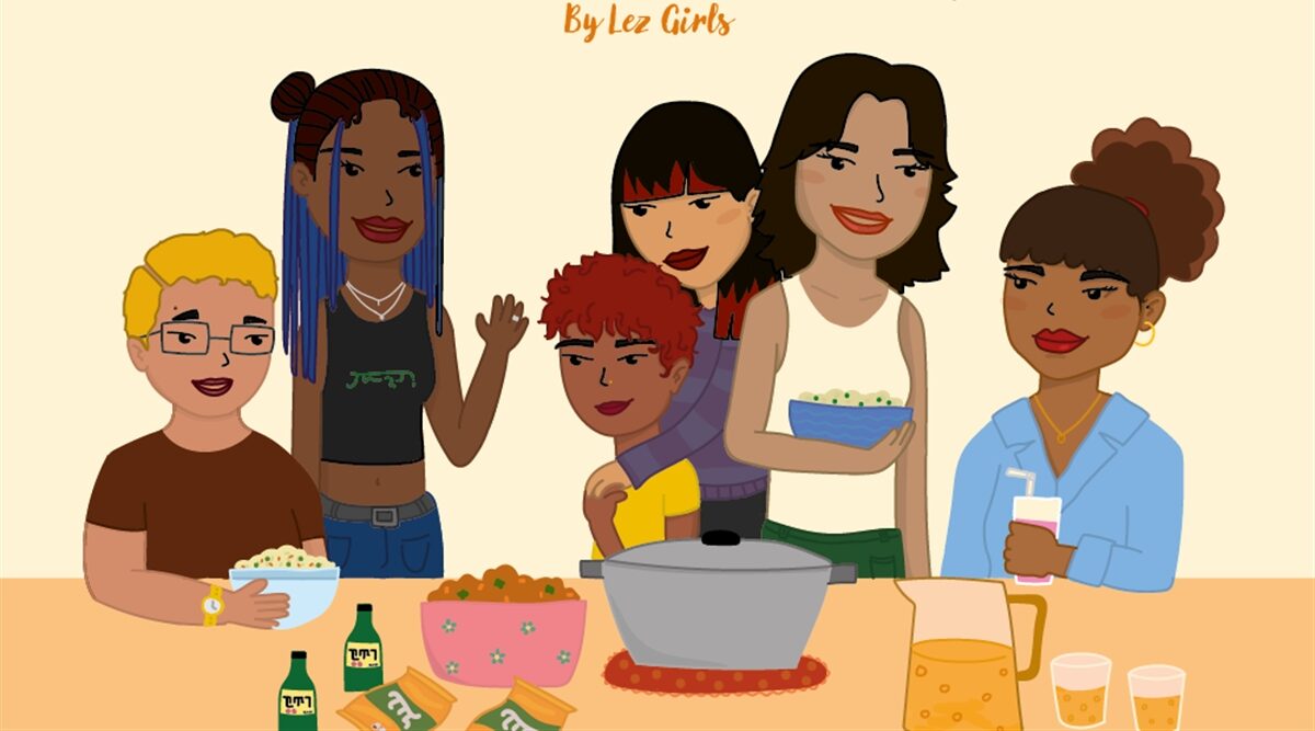 Illustration of queer POC women, non-binary and trans people around a table with food and drinks.