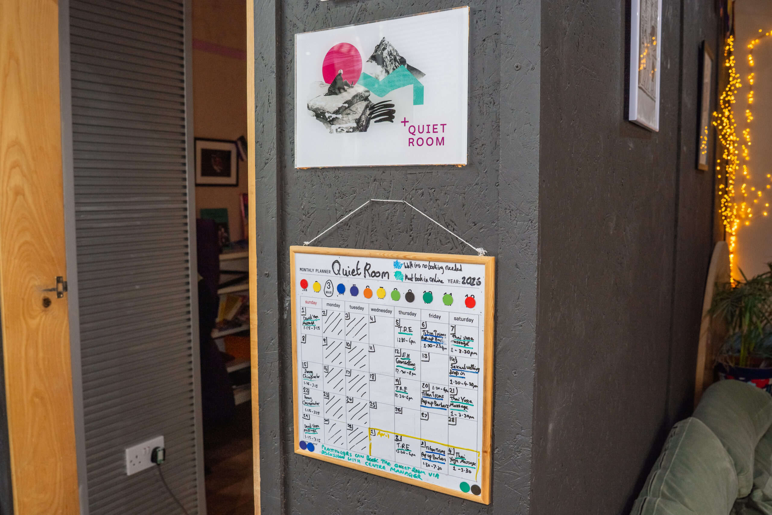 Quiet Room whiteboard calendar outside the Quiet Room.